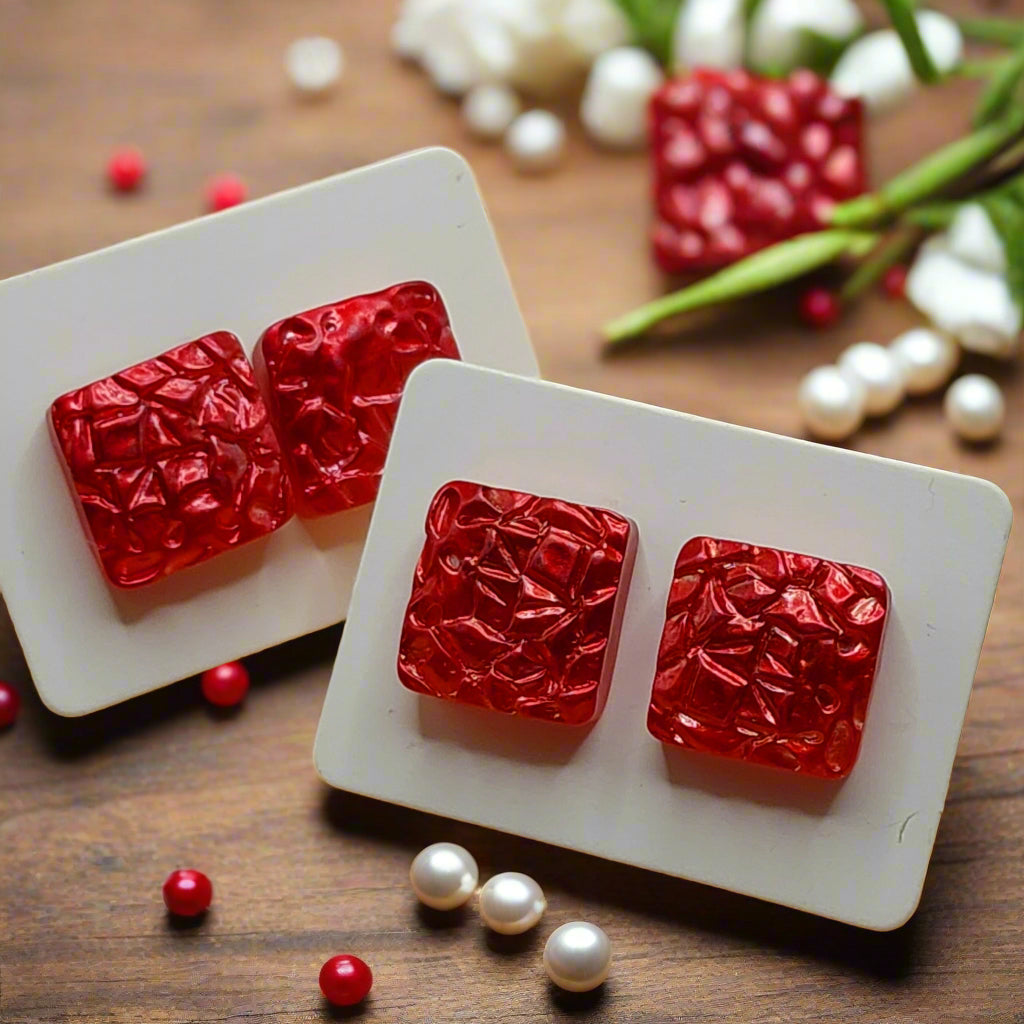 Red Pearlescent Textured Square Earrings (12mm)