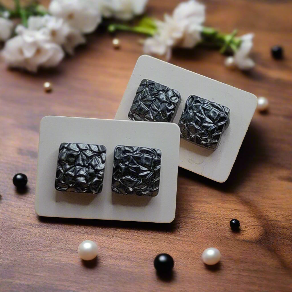 Charcoal Pearlescent Textured Square Earrings (12mm)