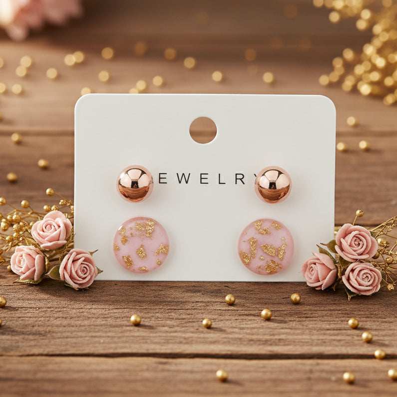 Pink Gold Foil & Ball Stud Earring Set