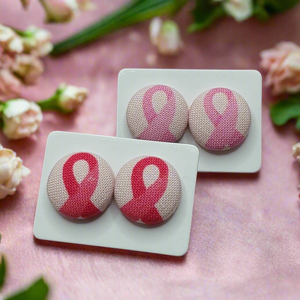 Pink Ribbon Fabric Button Earrings (16mm)