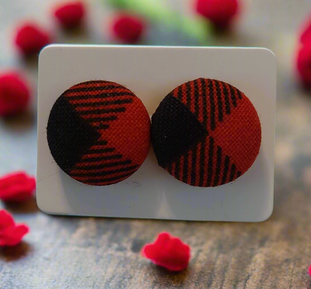 Red & Black Checkered Fabric Button Stud Earrings (16mm)