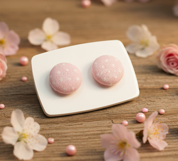 Baby Pink Pin Dot Fabric Button Stud Earrings (13mm)