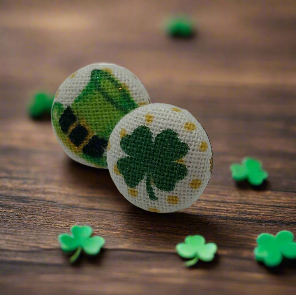 Leprechaun Hat & Shamrock Fabric Button Earrings (13mm)