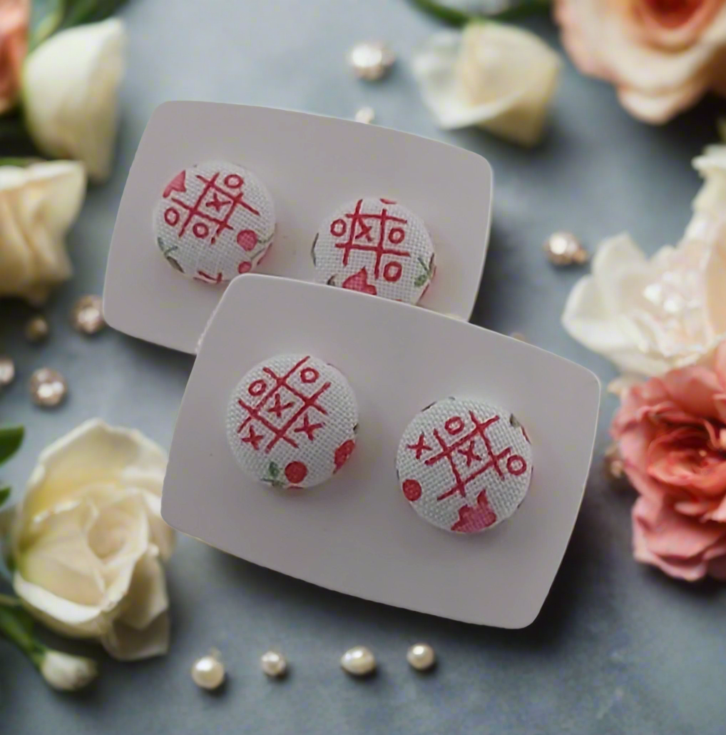 Tic-Tac-Toe Fabric Button Stud Earrings (13mm)