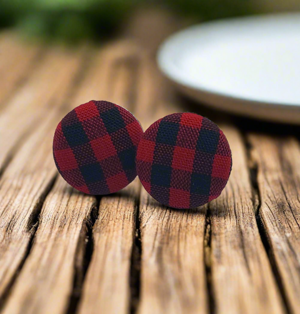 Red & Black Plaid Fabric Button Stud Earrings