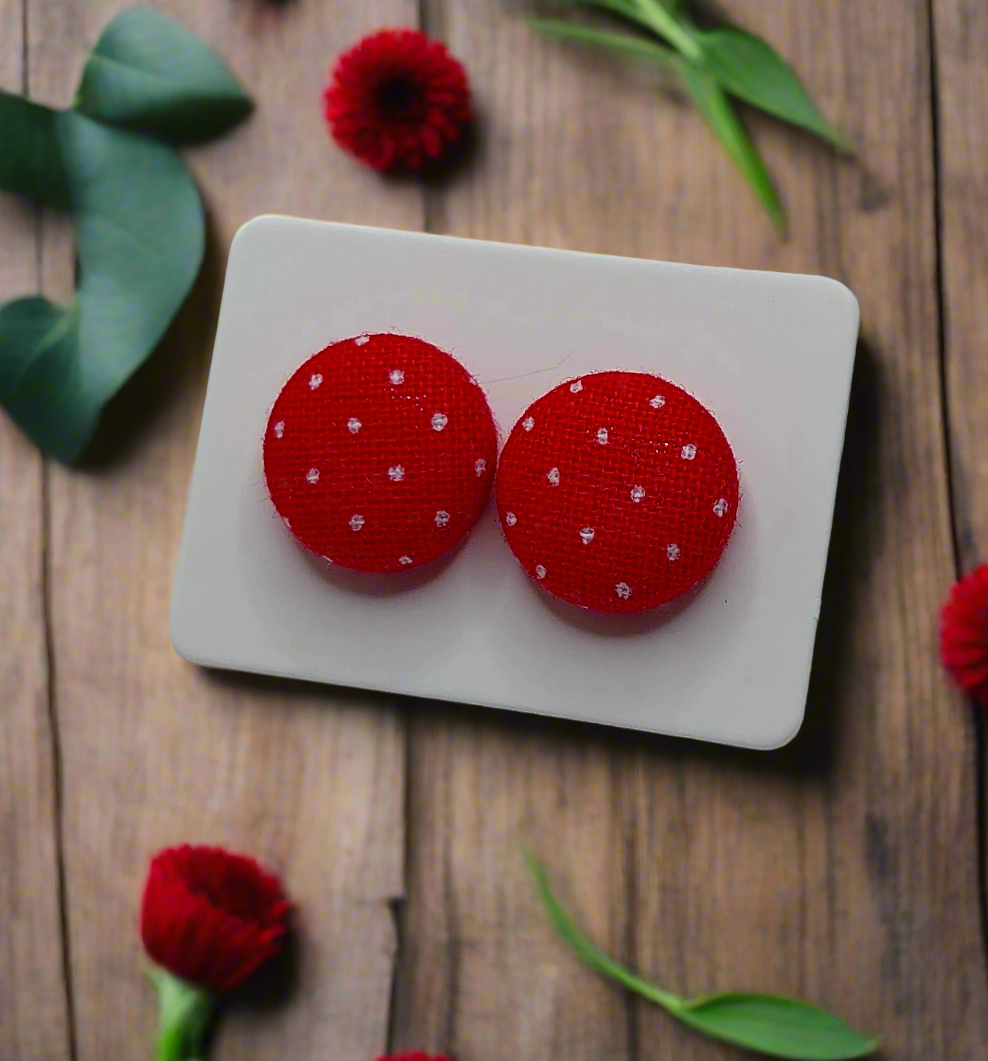 Red Pin Dot Fabric Button Stud Earrings (13mm)