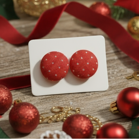 Red Pin Dot Fabric Button Earrings (13mm)
