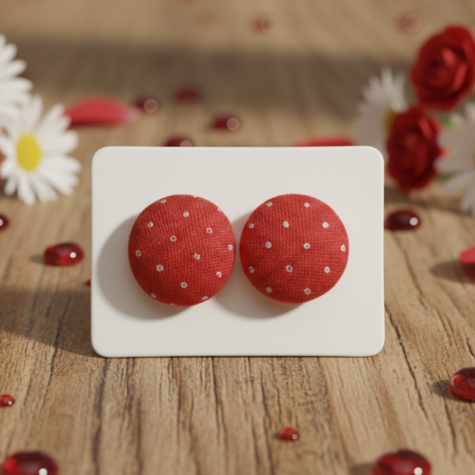 Red Pin Dot Fabric Button Earrings (13mm)