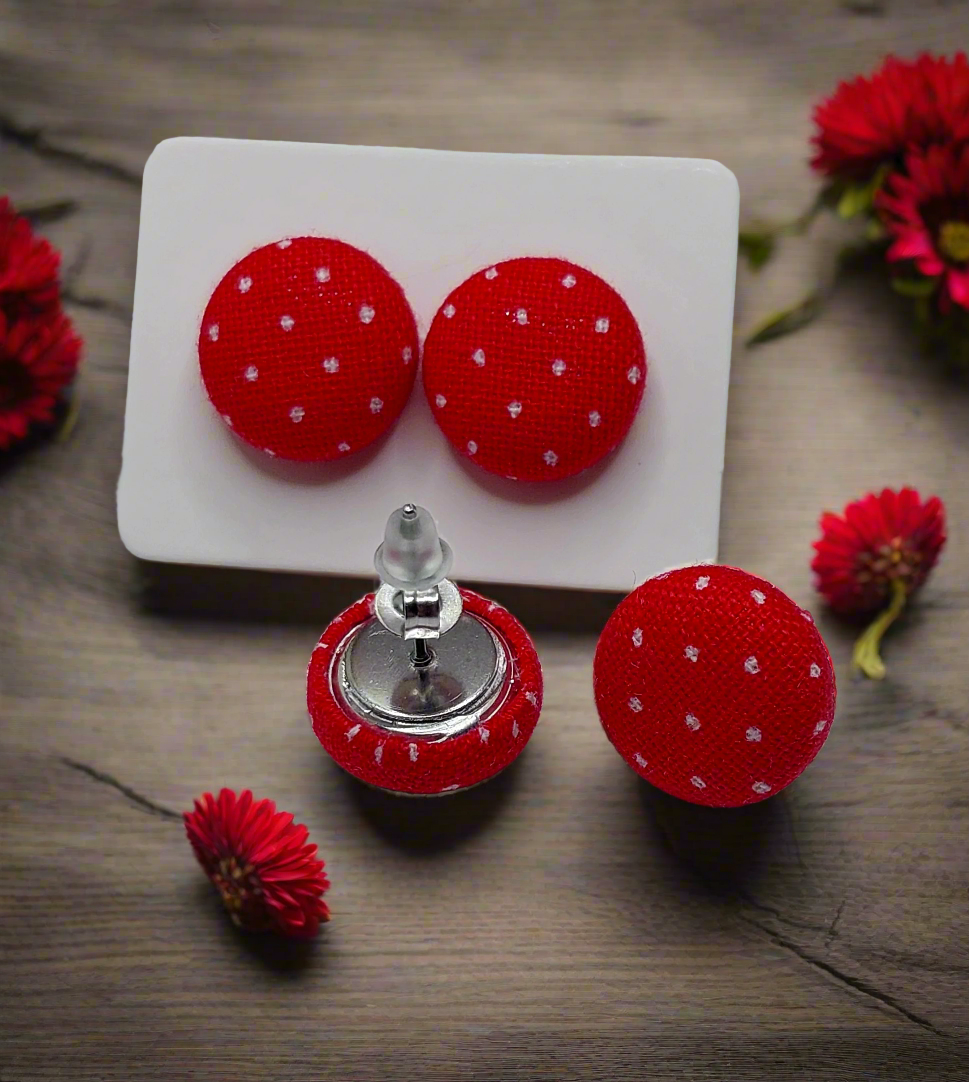 Red Pin Dot Fabric Button Stud Earrings (13mm)
