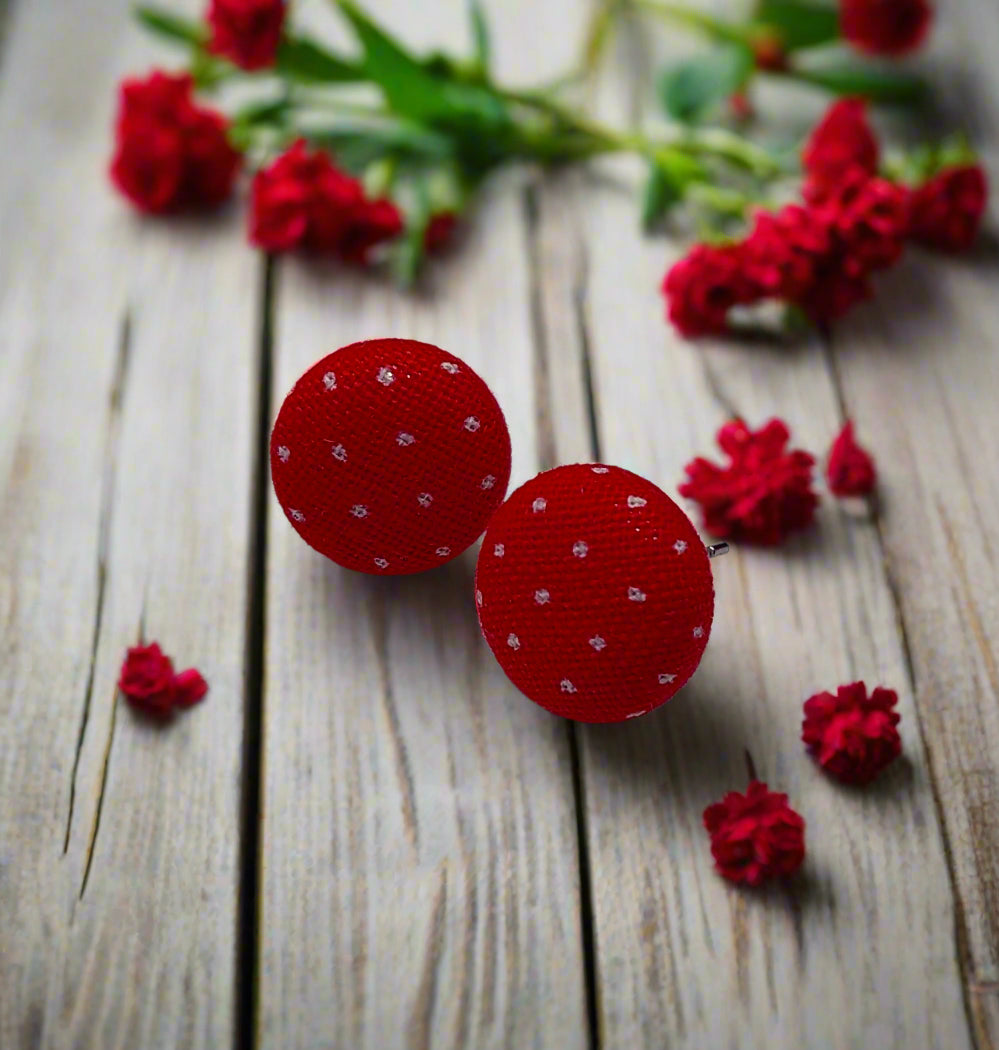 Red Pin Dot Fabric Button Stud Earrings (13mm)