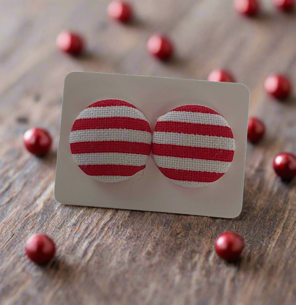 Red Stripes Fabric Button Earrings