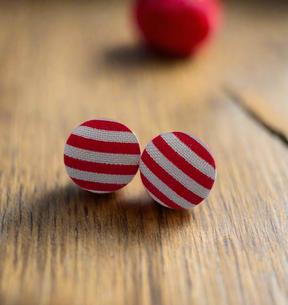 Red Stripes Fabric Button Earrings