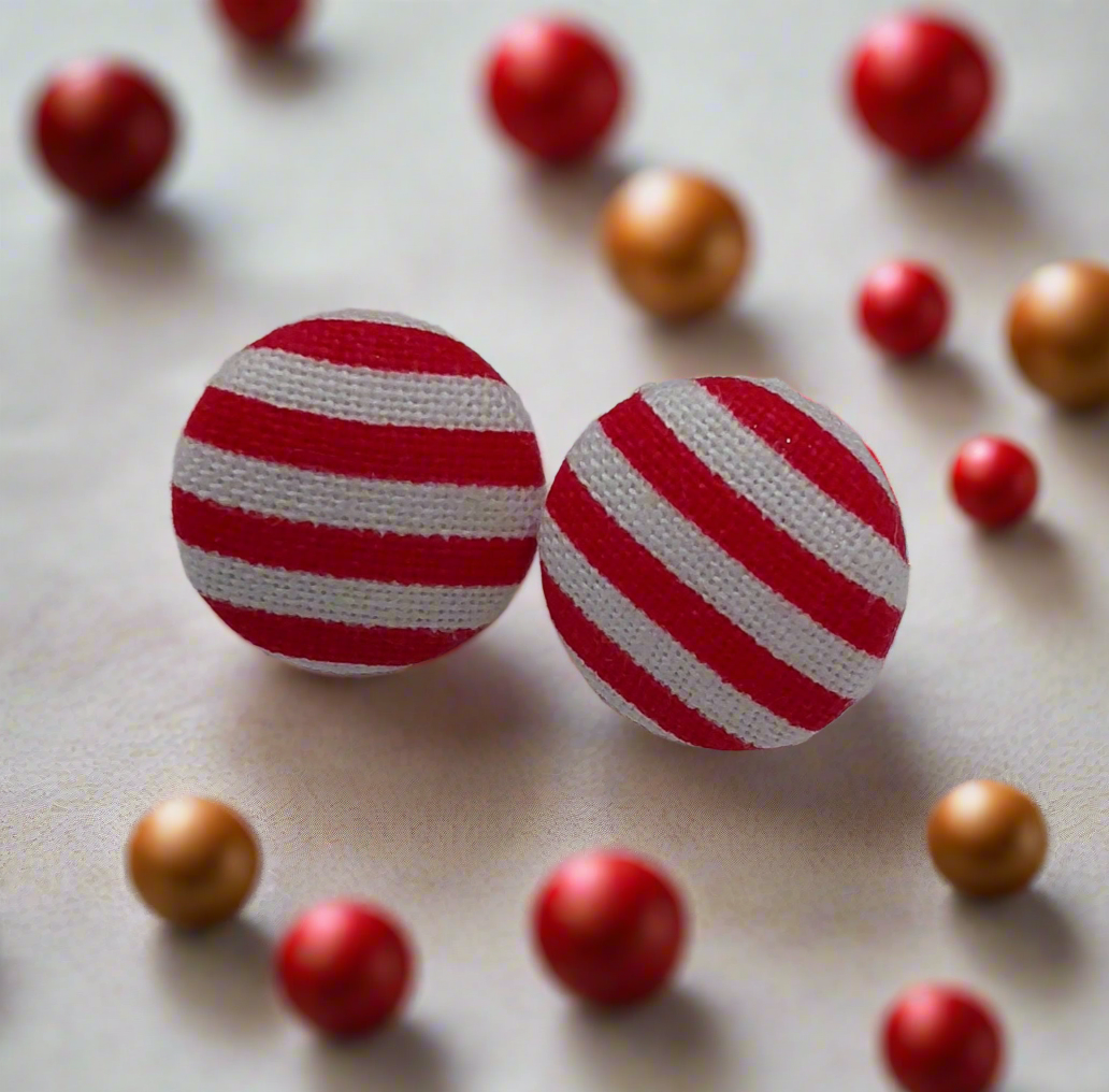 Red Stripes Fabric Button Earrings
