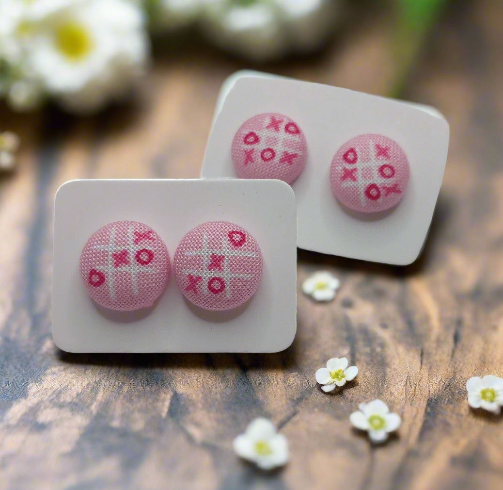 Tic-Tac-Toe Pink Fabric Button Stud Earrings