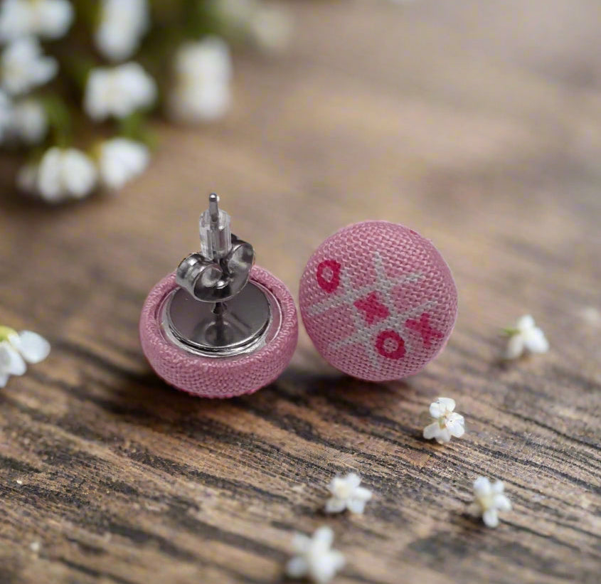 Tic-Tac-Toe Pink Fabric Button Stud Earrings