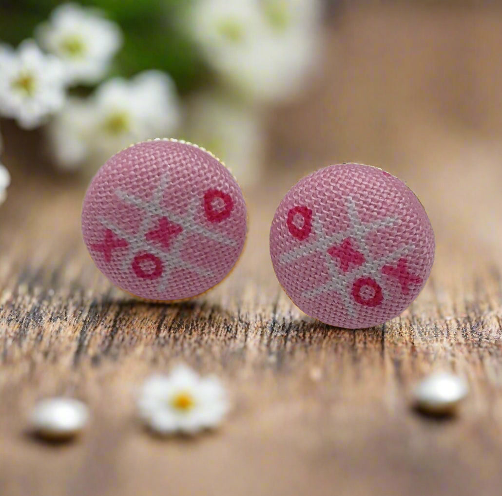Tic-Tac-Toe Pink Fabric Button Stud Earrings