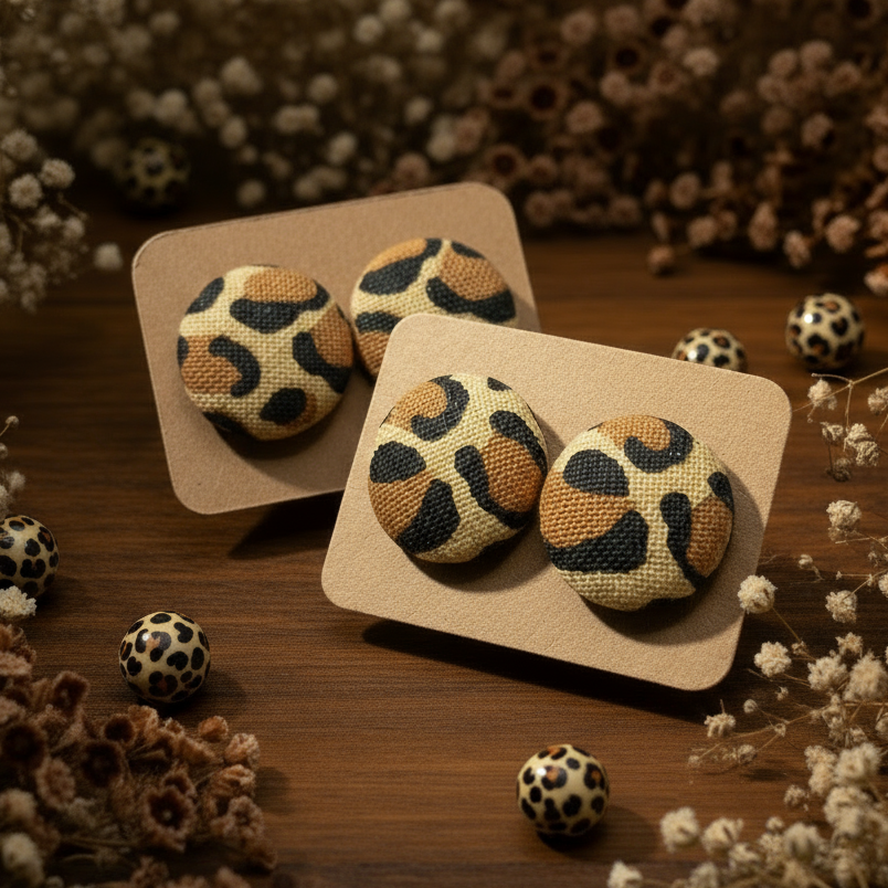 Cheetah Print Fabric Button Stud Earrings (16mm)