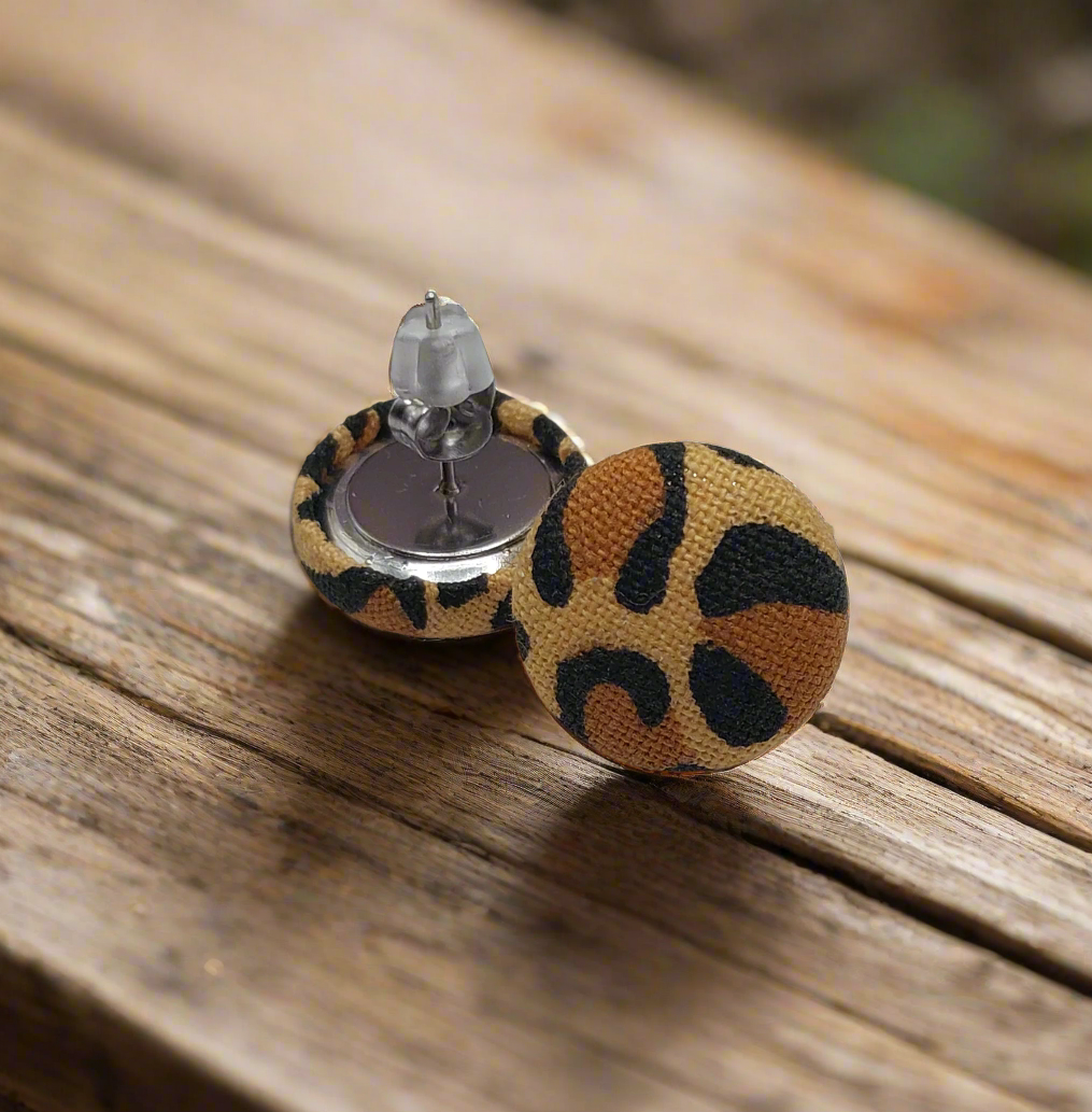 Cheetah Print Fabric Button Stud Earrings (16mm)