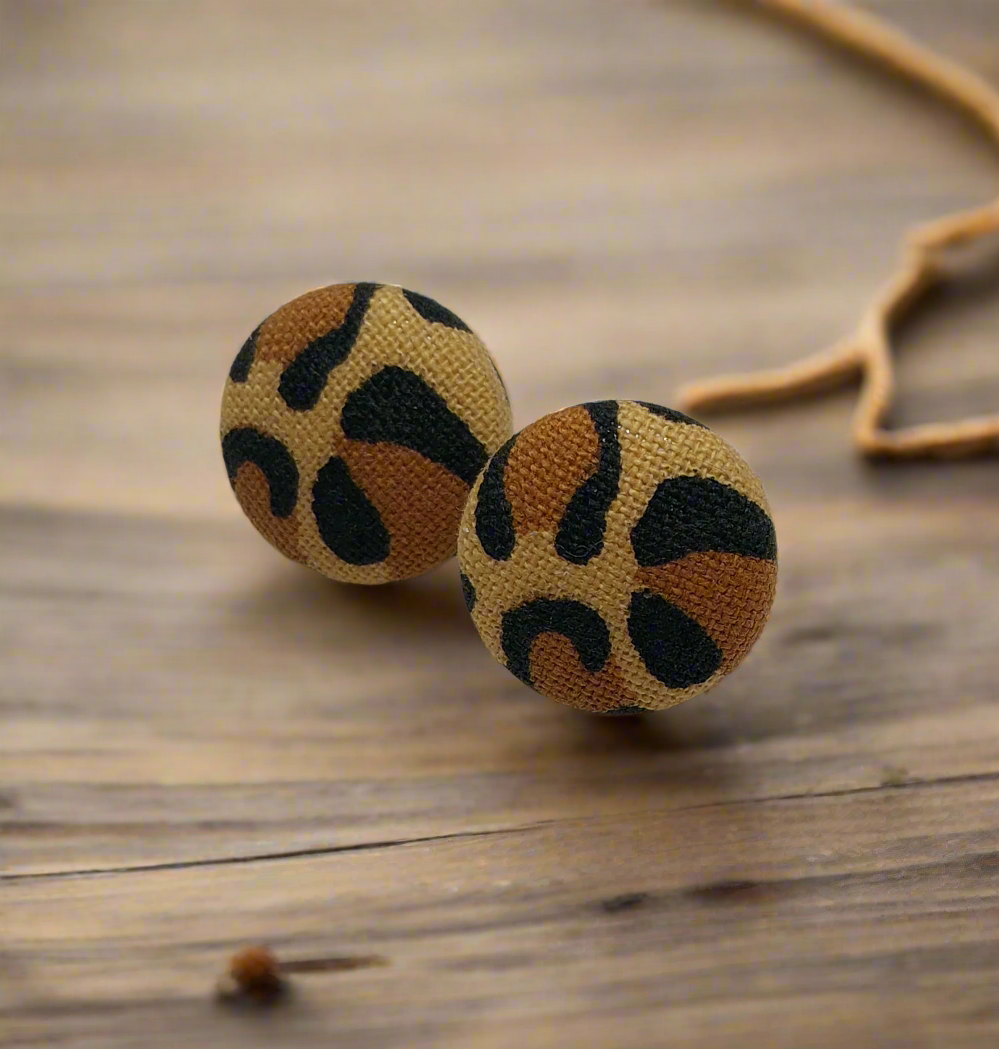 Cheetah Print Fabric Button Stud Earrings (16mm)