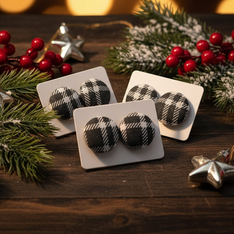 Gray Plaid Fabric Button Stud Earrings (16mm)