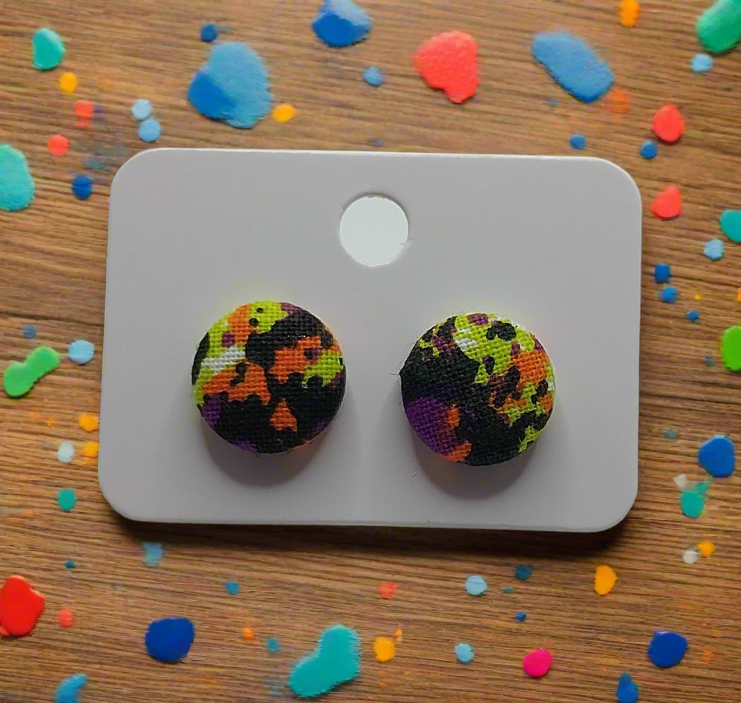 Fluorescent Splatter Fabric Button Earrings