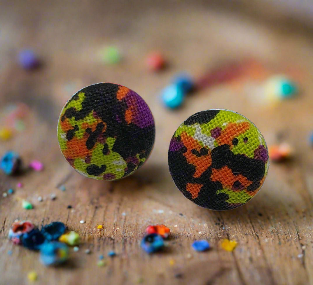 Fluorescent Splatter Fabric Button Earrings