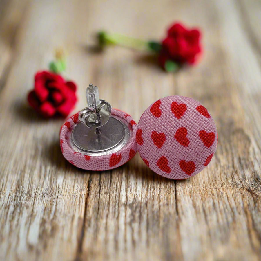 Scattered Hearts Fabric Button Earrings