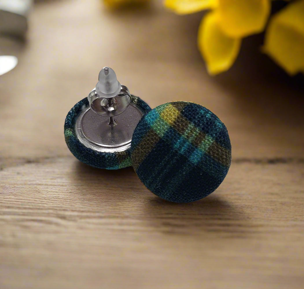 Navy-Green Plaid Fabric Button Earrings