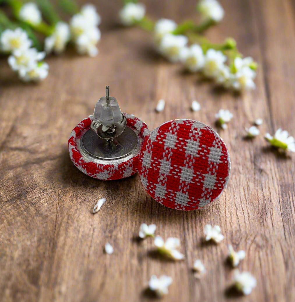 Red Gingham Fabric Button Earrings