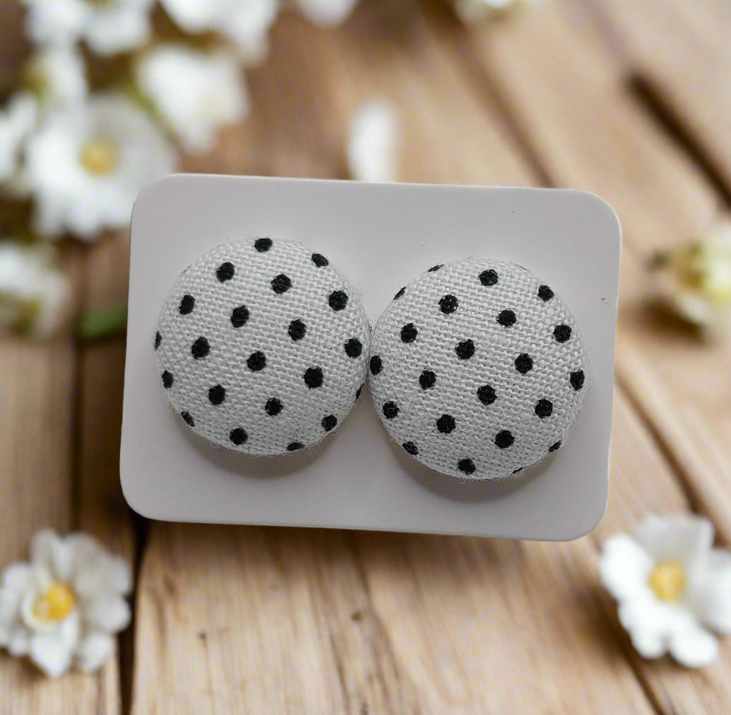 White & Black Polka Dot Fabric Button Earrings (13mm)