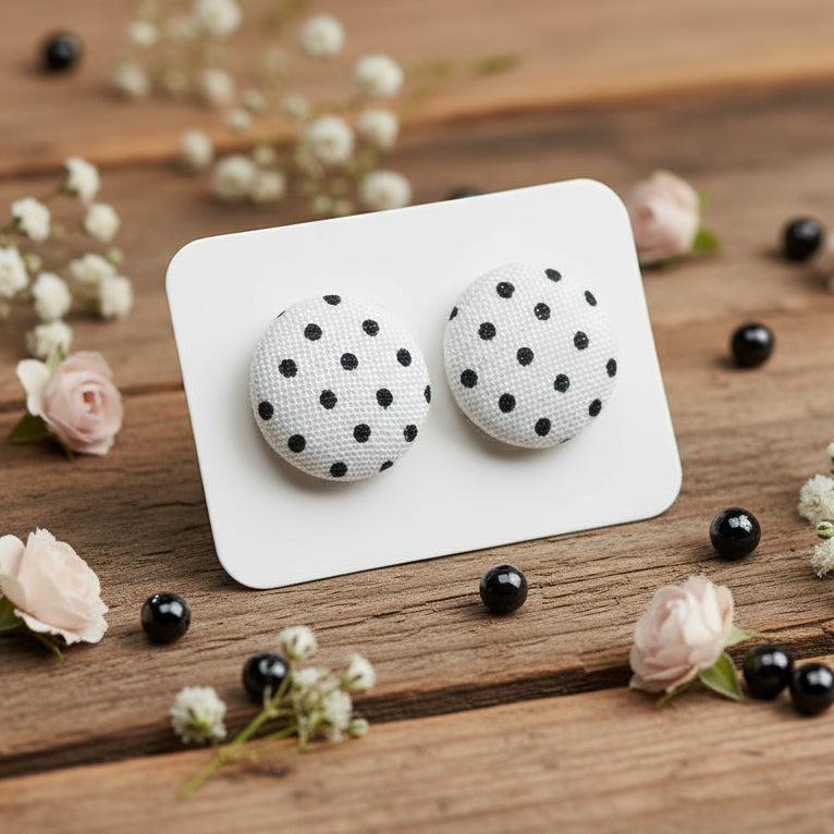 White & Black Polka Dot Fabric Button Earrings (13mm)