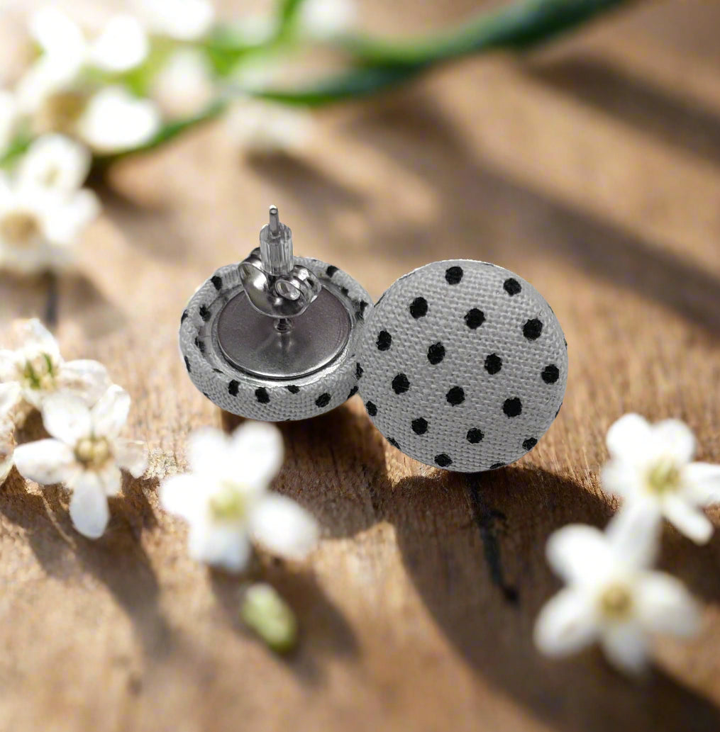 White & Black Polka Dot Fabric Button Earrings (13mm)