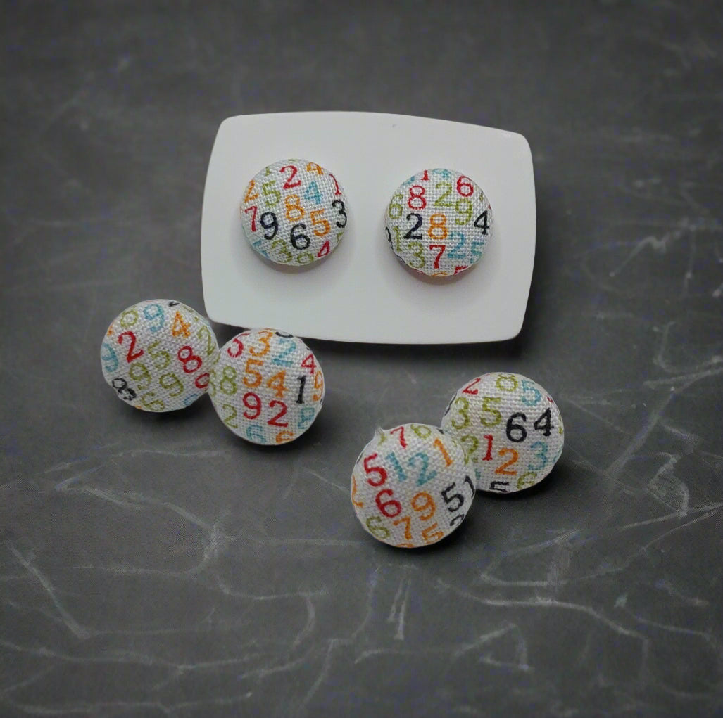 Mixed Up Numbers Fabric Button Stud Earrings (13mm)