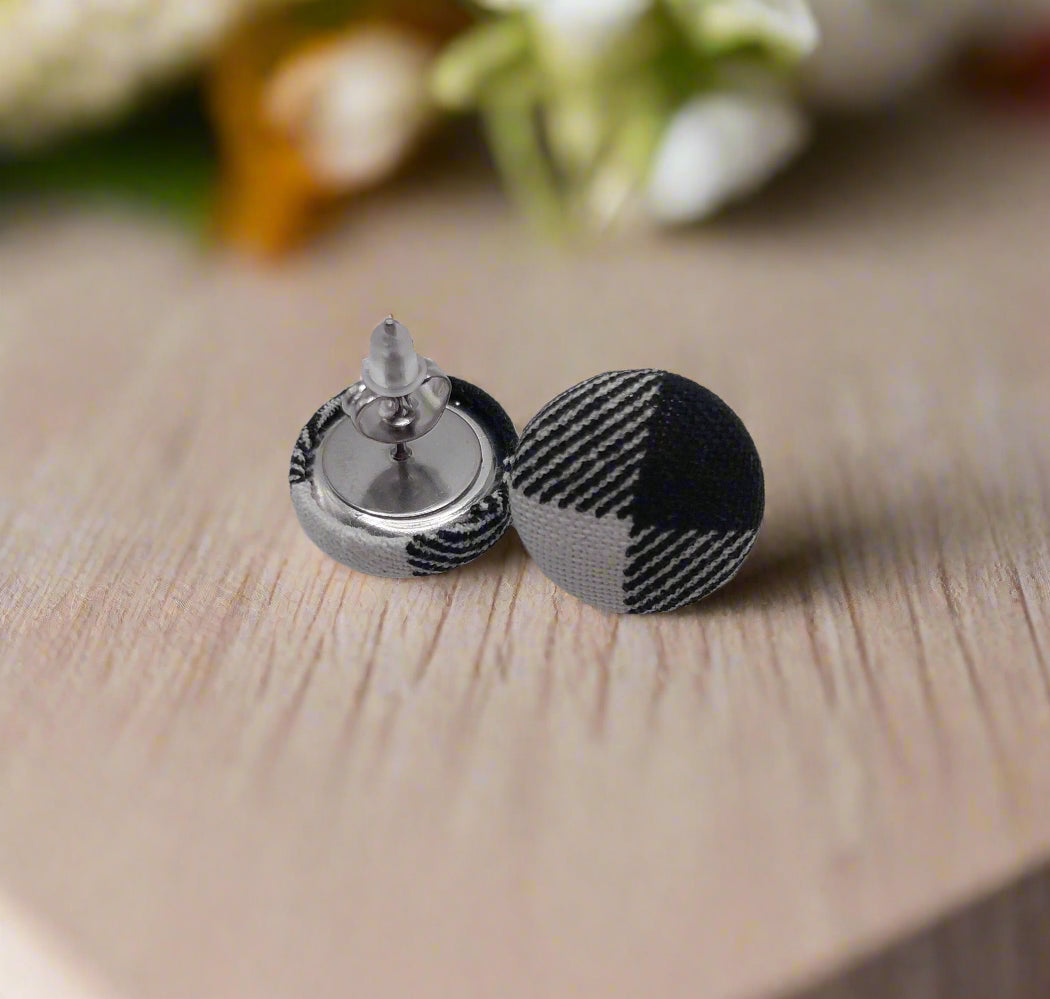 Black & White Checkered Fabric Button Earrings