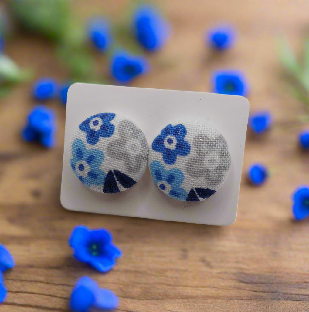 Blue Stitch Floral Fabric Button Earrings
