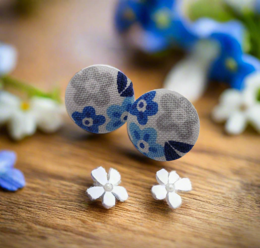 Blue Stitch Floral Fabric Button Earrings