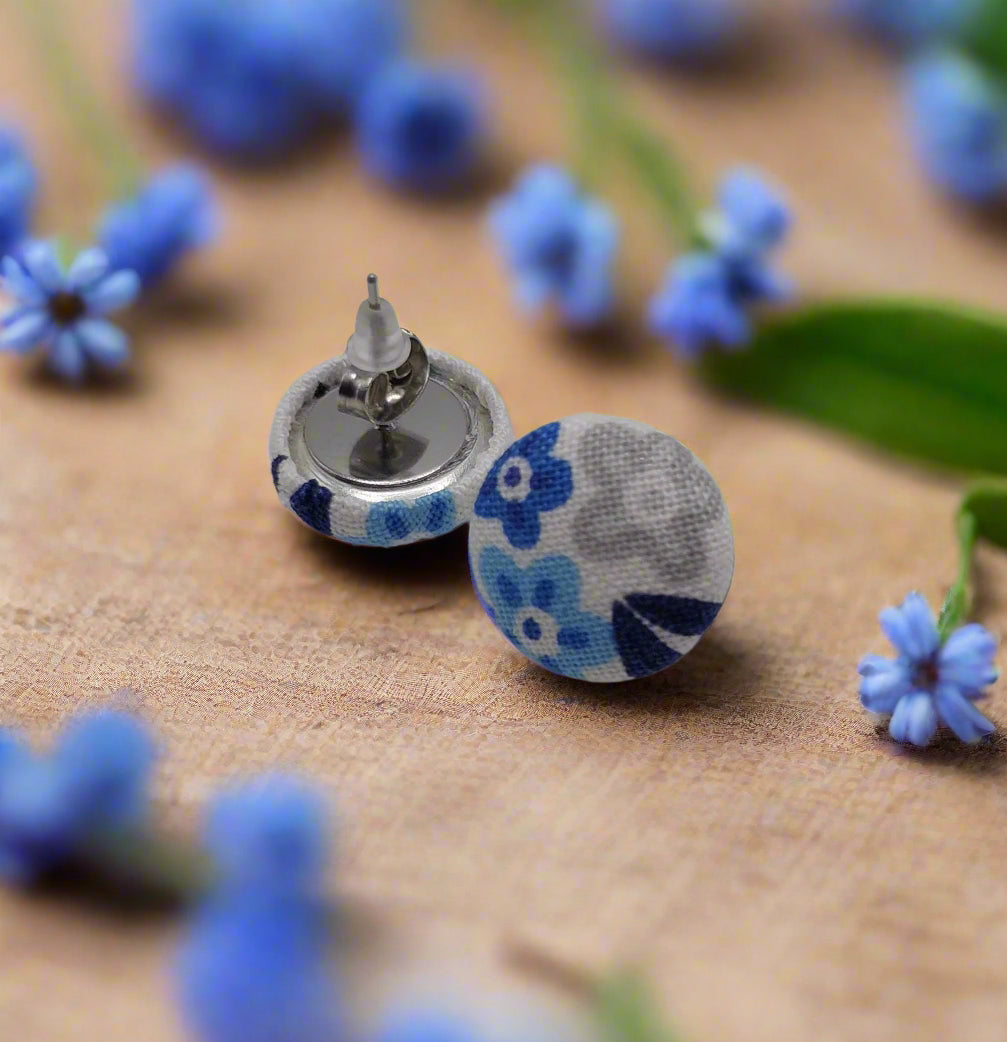 Blue Stitch Floral Fabric Button Earrings