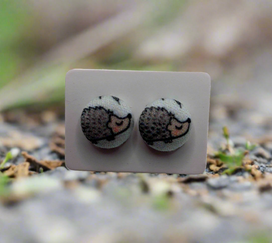 Hedgehog Fabric Button Stud Earrings (13mm)
