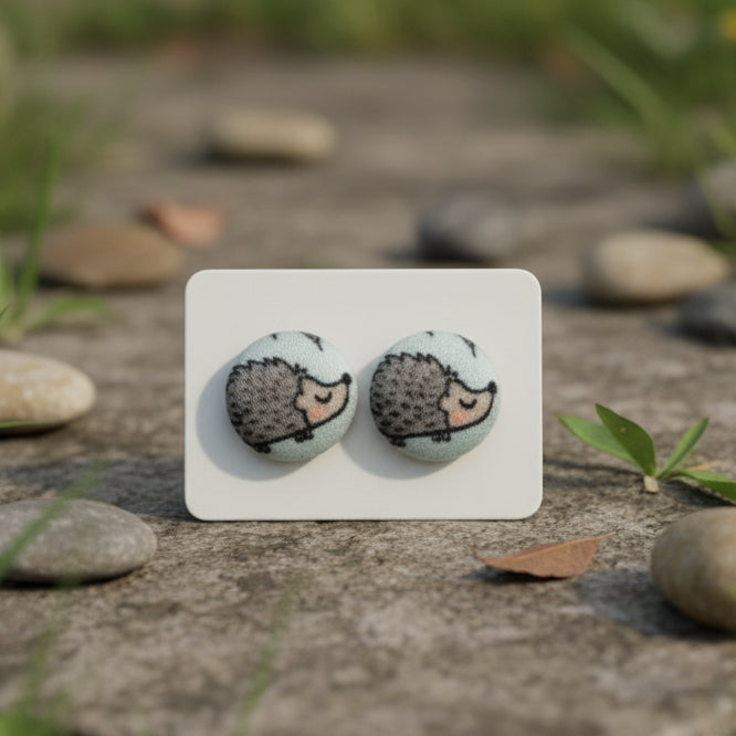 Hedgehog Fabric Button Stud Earrings (13mm)