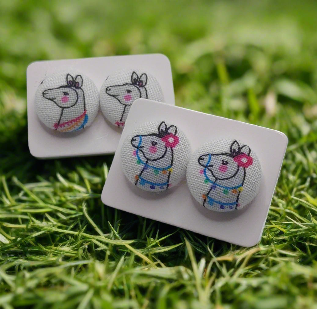 Llama Fabric Button Stud Earrings (16mm)