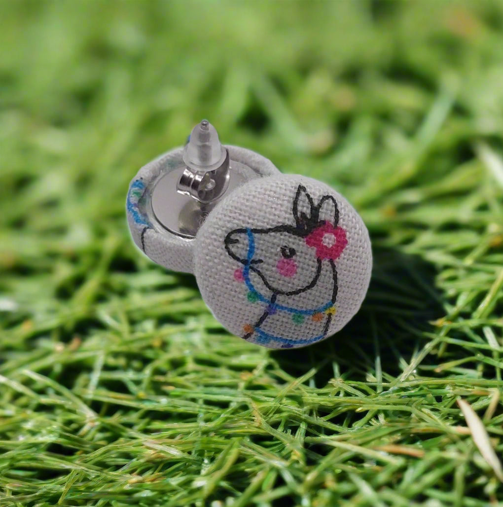 Llama Fabric Button Stud Earrings (16mm)