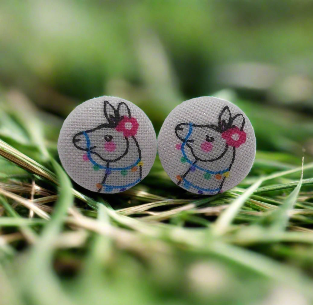 Llama Fabric Button Stud Earrings (16mm)