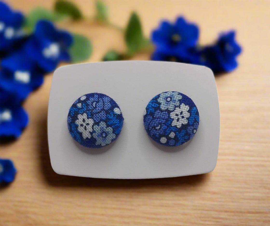 Blue Floral Fabric Button Earrings