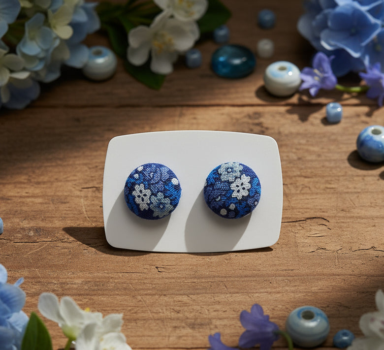 Blue Floral Fabric Button Earrings