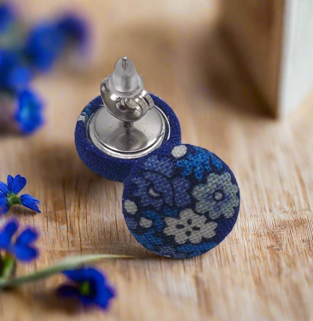 Blue Floral Fabric Button Earrings