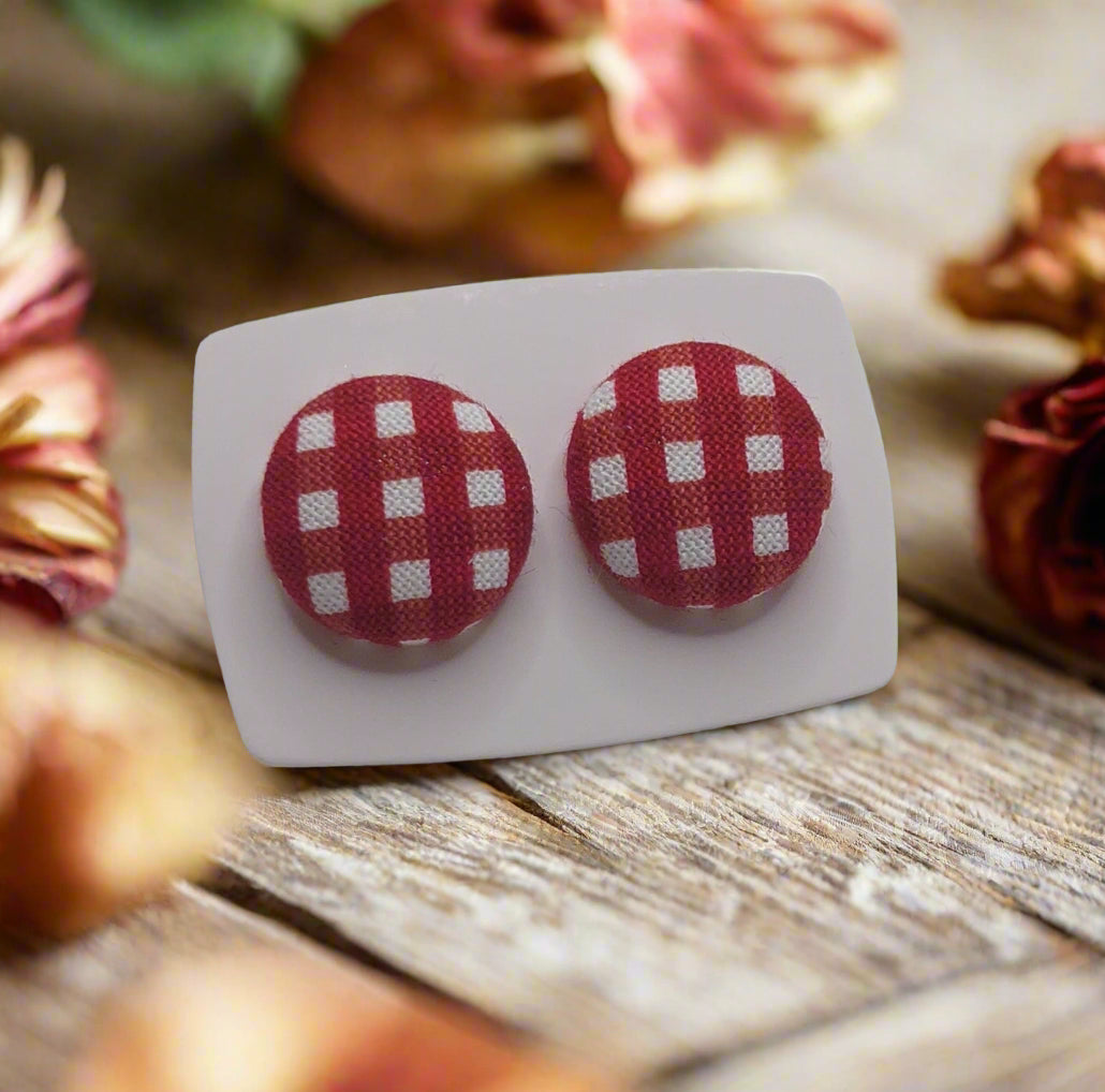 Red Checkered Fabric Button Earrings