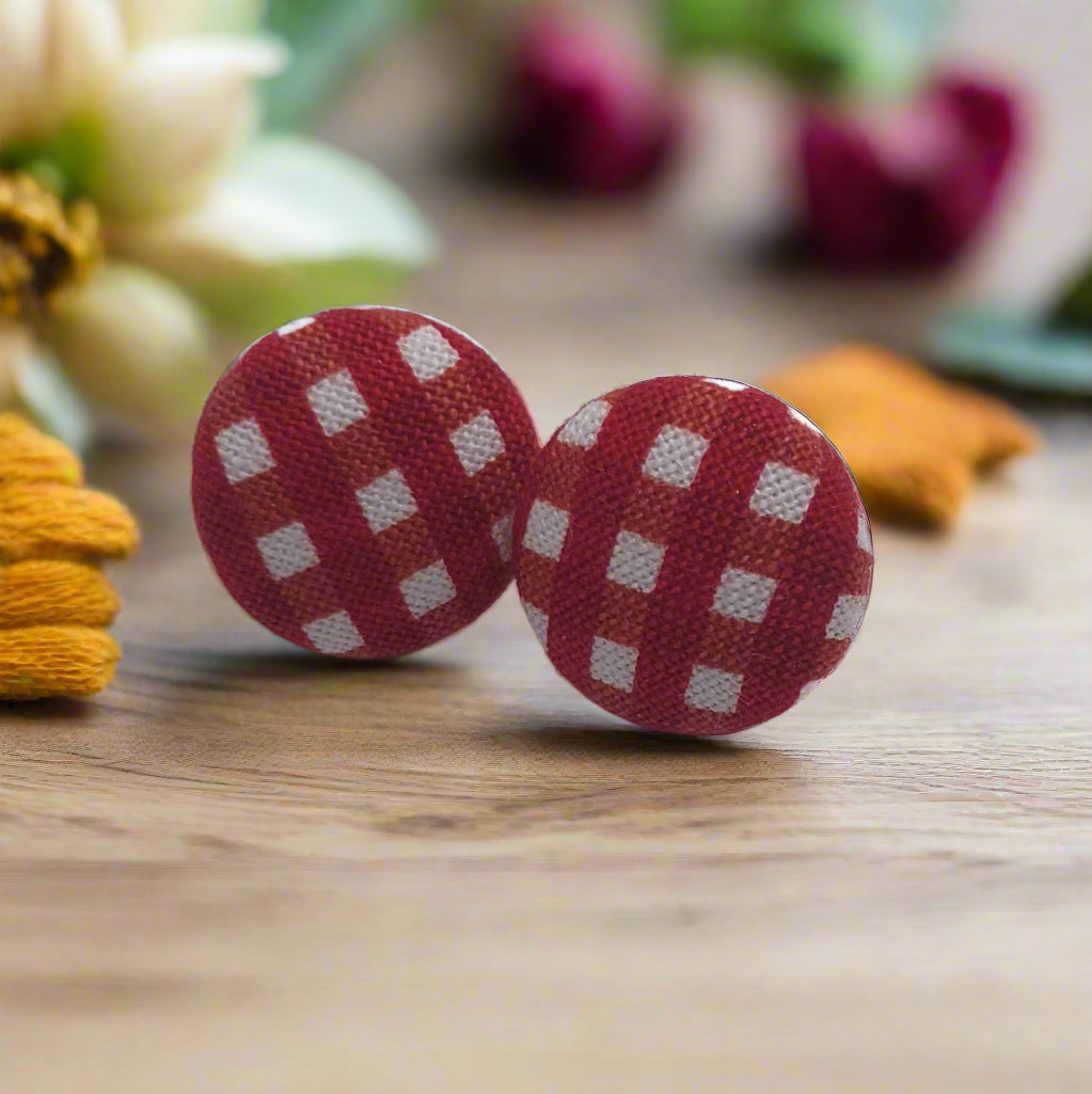 Red Checkered Fabric Button Earrings