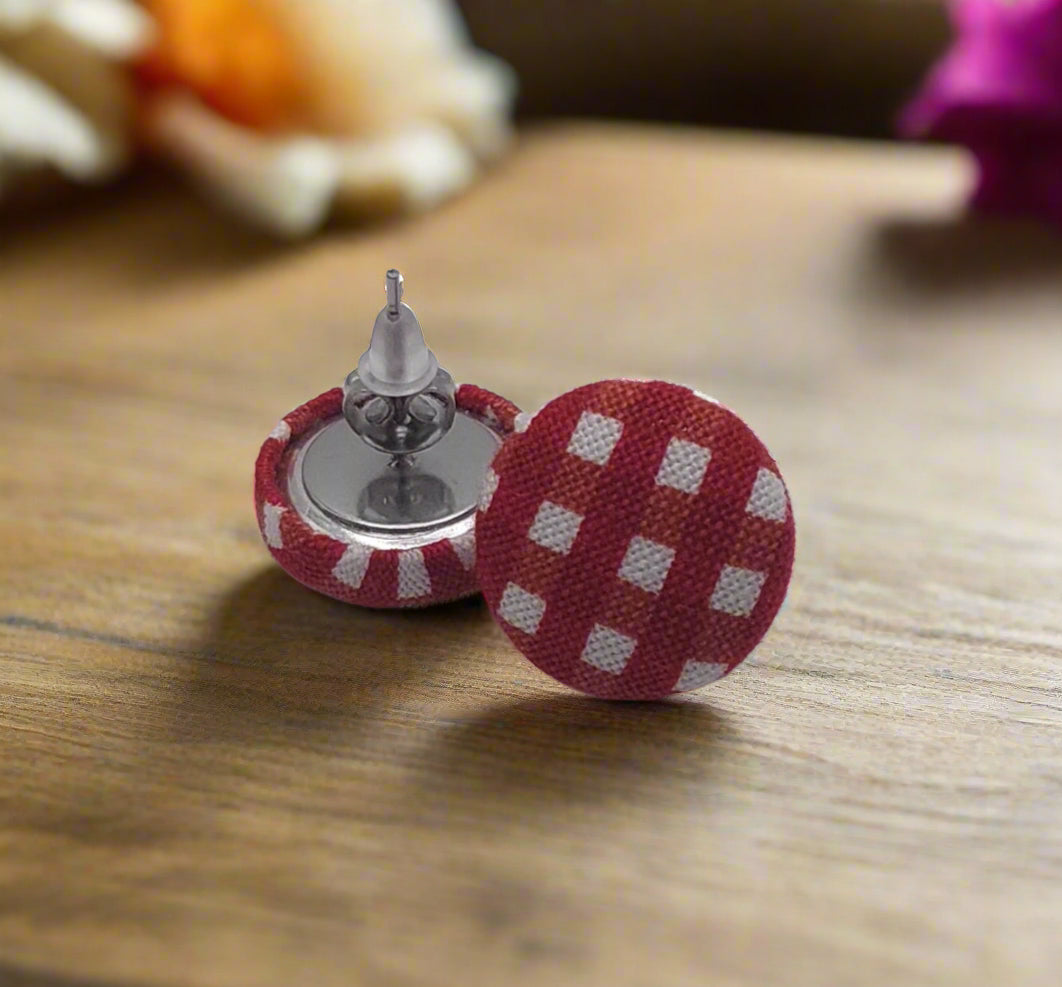 Red Checkered Fabric Button Earrings