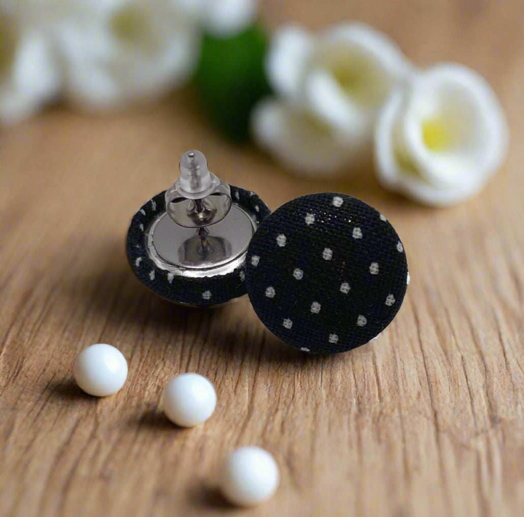Black Pin Dot Fabric Button Earrings