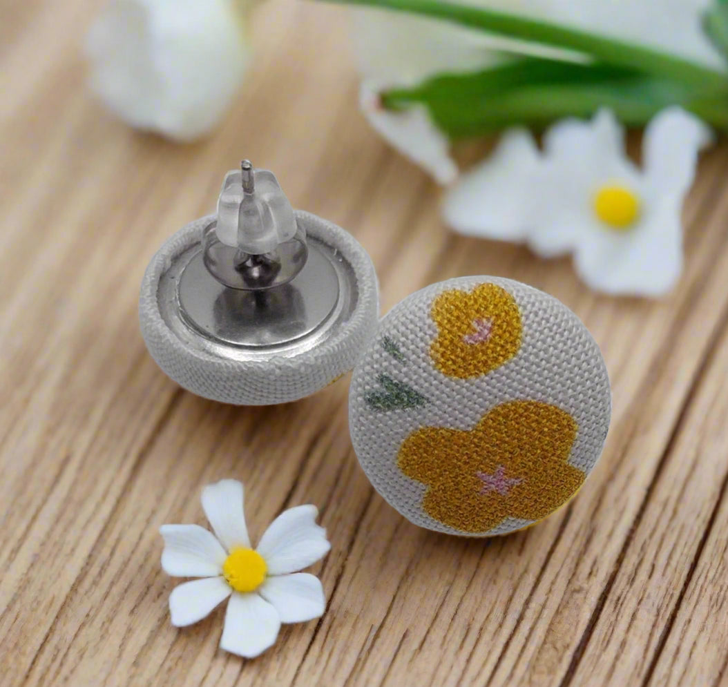 Mustard Blossoms Fabric Button Stud Earrings (16mm)